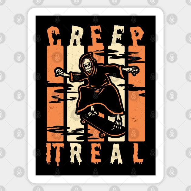 Creep It Real Spooky Halloween Skeleton Skateboarding Skater Sticker by OrangeMonkeyArt